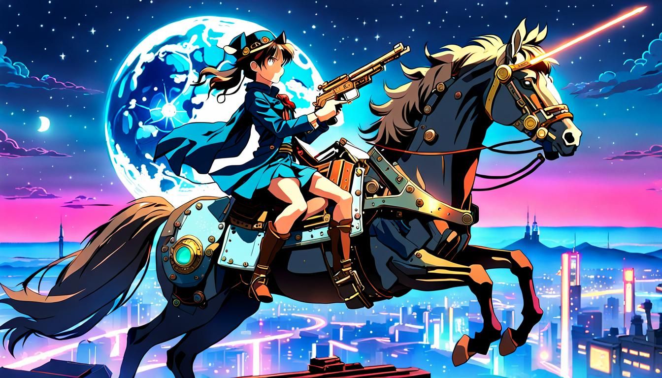 Steampunk Gunslinger on Horse, Synthwave Anime Style