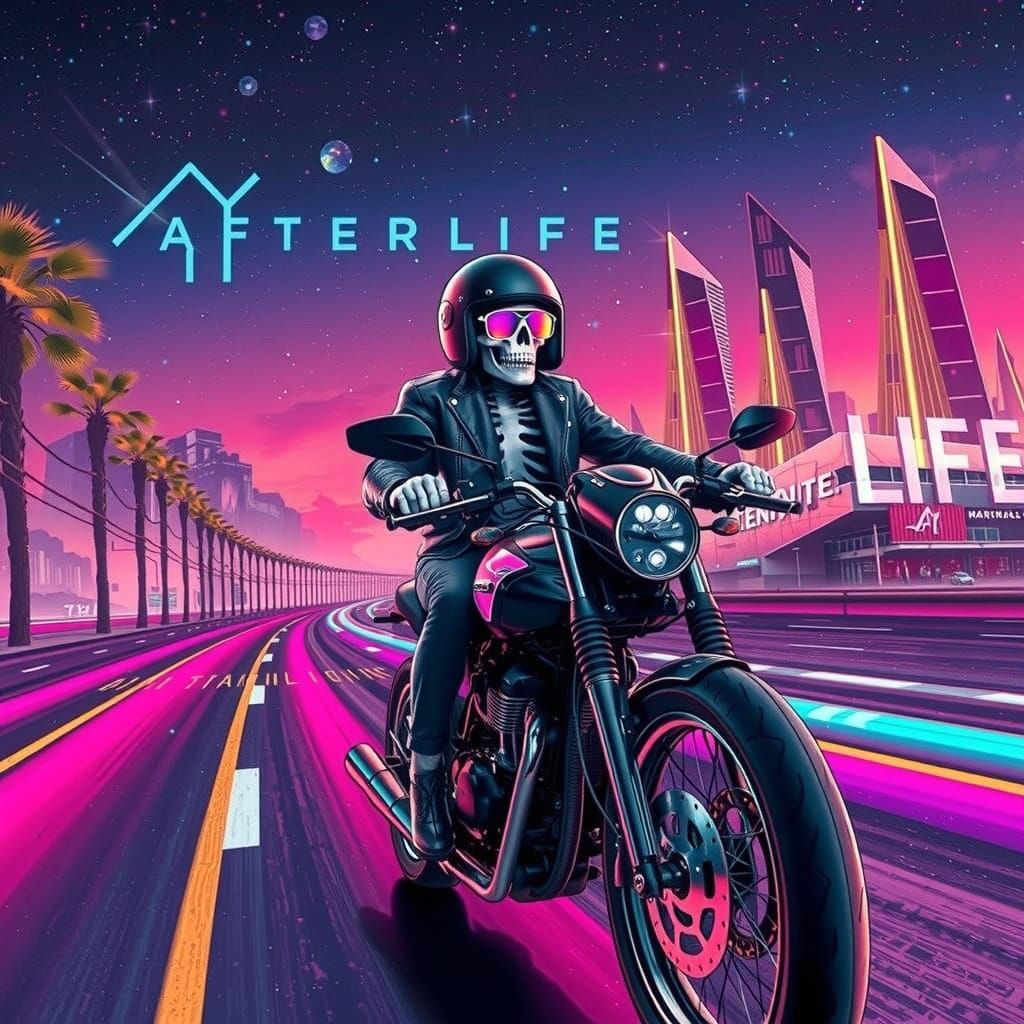 Skeleton Biker on Neon Highway, Synthwave Style