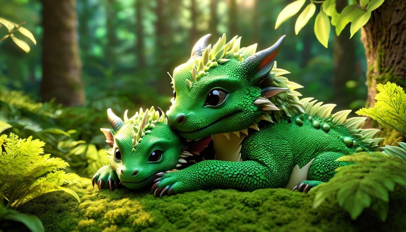 Whimsical Fantasy Dragon Hugs Teddybear in Forest Glade