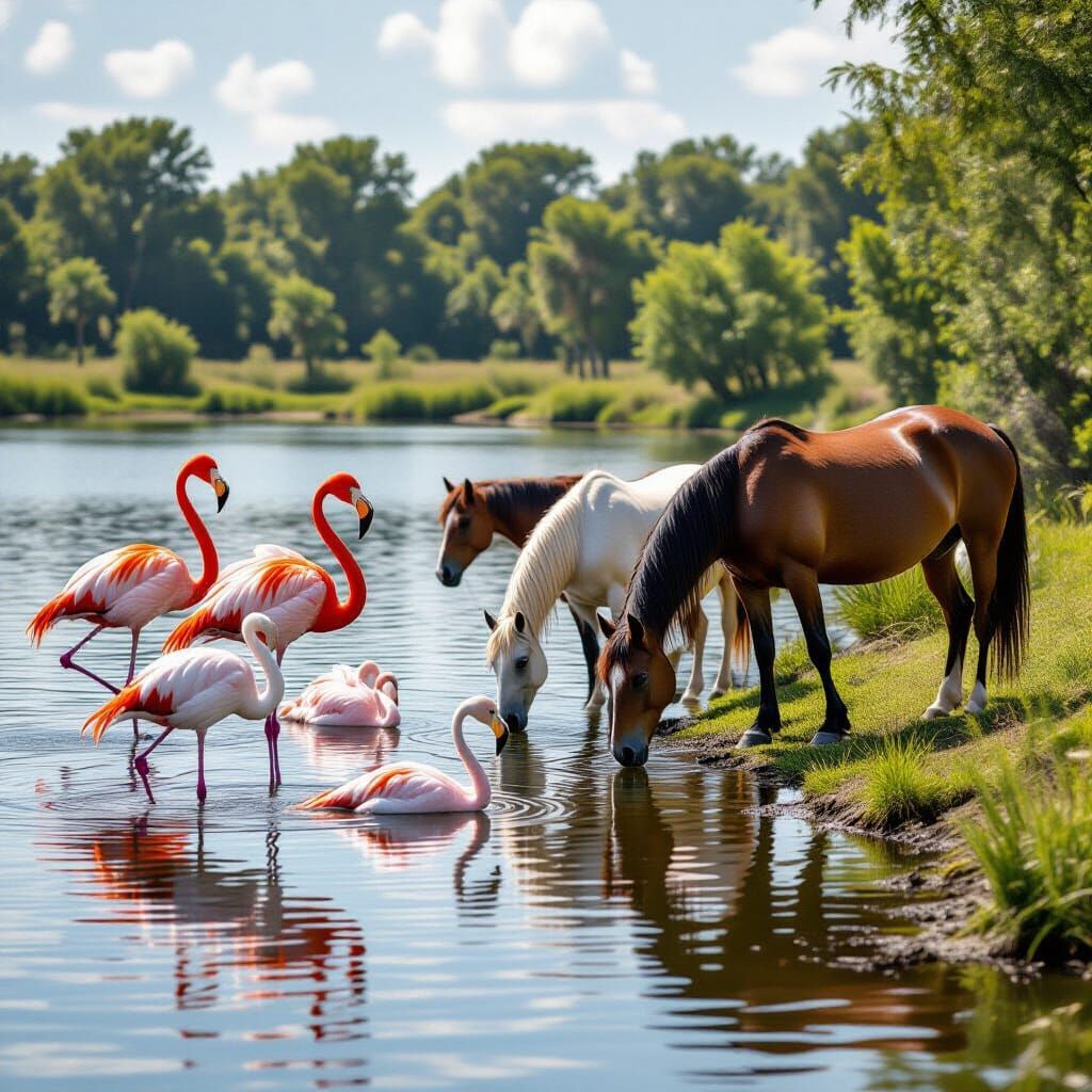 a realistic group of flamingo in a lake with a realistic group of horses drinking in the edge of lake