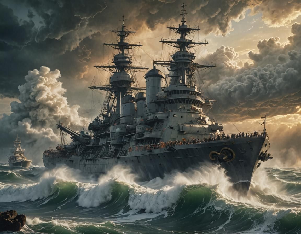 Warship in Stormy Sea: A Dramatic Naval Battle
