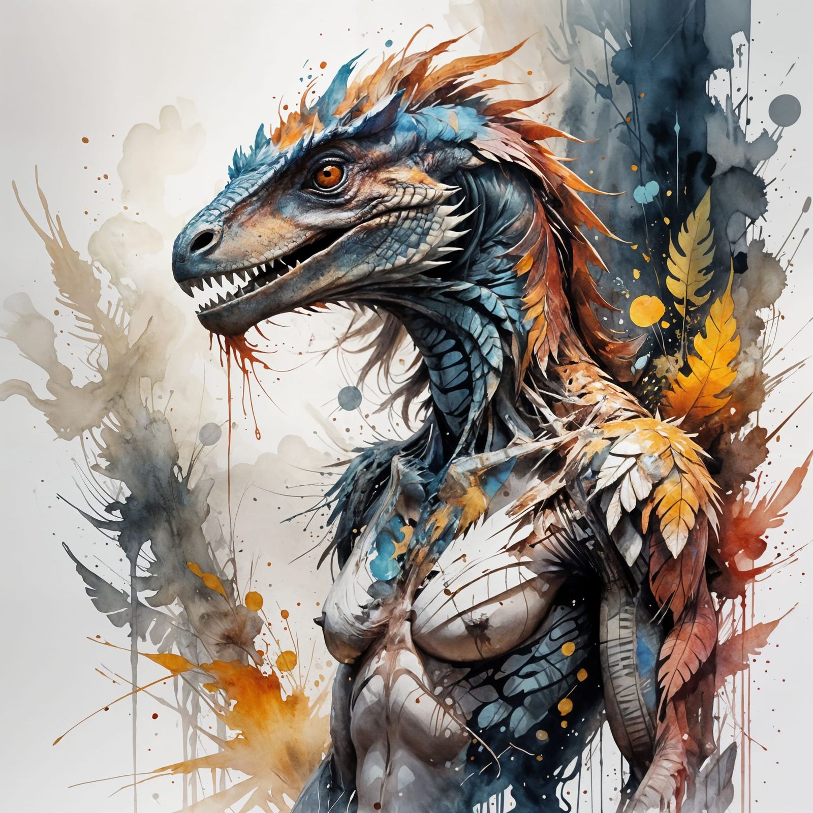 Feathered Velociraptor in Forest, Watercolour Style