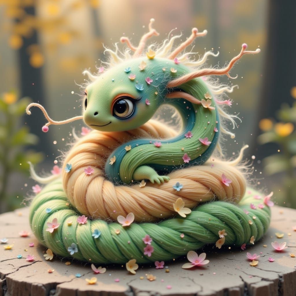 Adorable Fluffy Yarn Snake in Whimsical Style