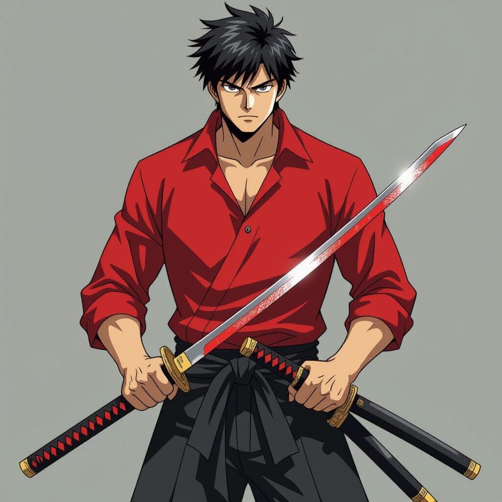 Anime Swordsman with Twin Red and Black Katanas