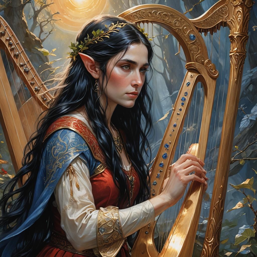 Enchanting Elf Harpist Portrait in Fantasy Style