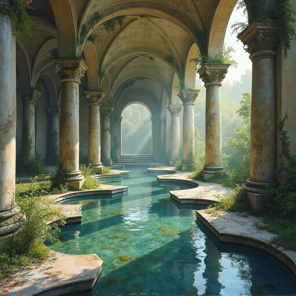 Abandoned Marble Hall with Dark Water Pools