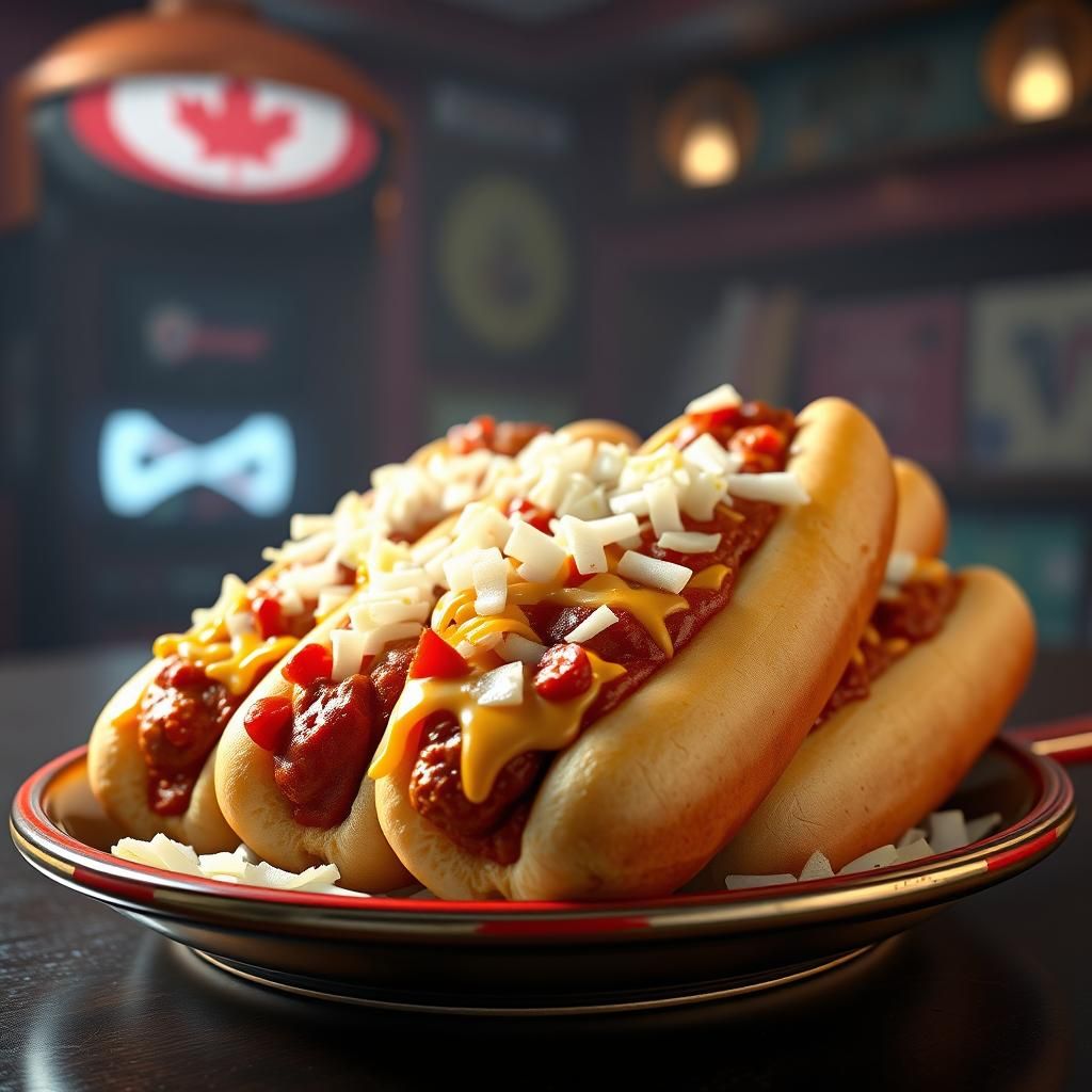 Mouth-Watering Chili Dogs in 3D Game Cinematic Style