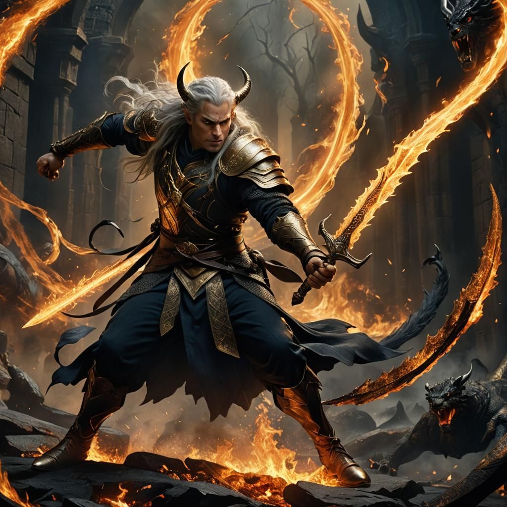 Thingol Battles Balrog in Fiery Fantasy Art