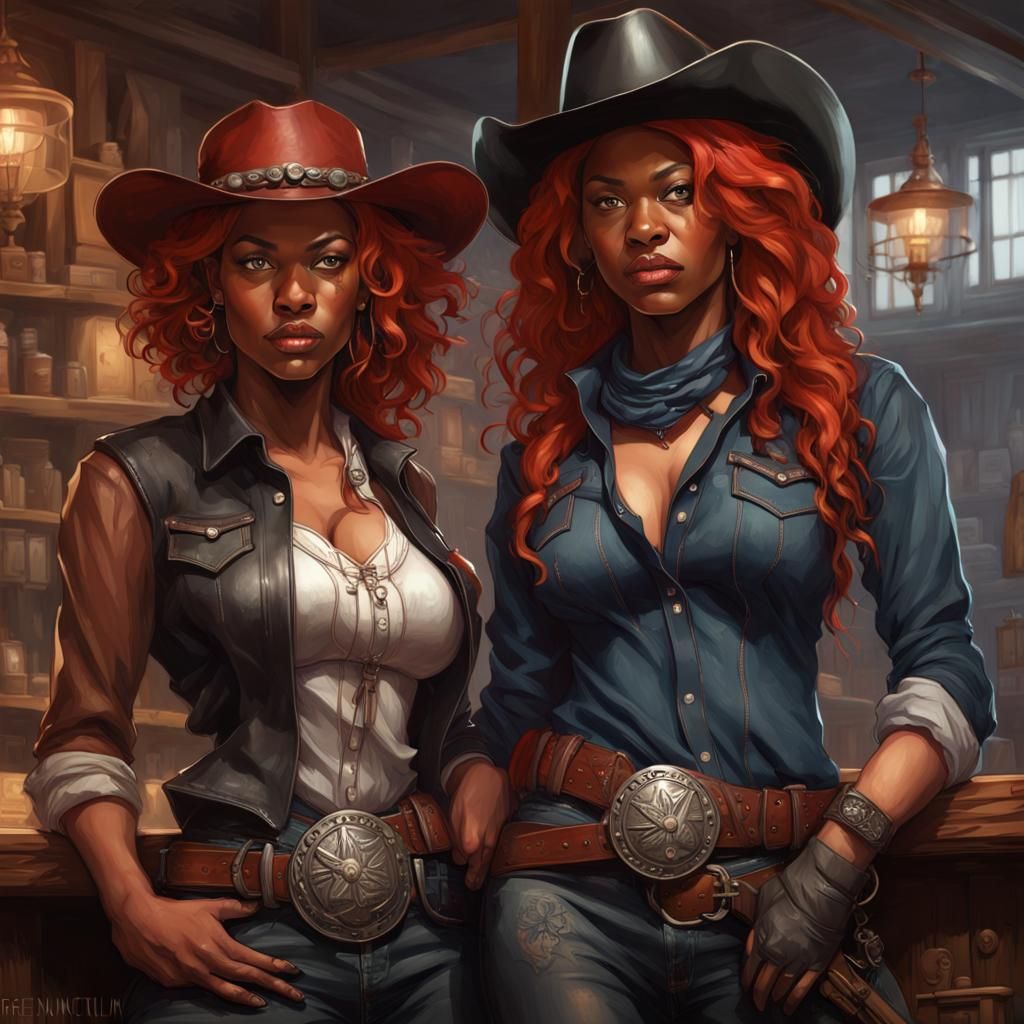 Cyberpunk Cowgirls in Old West Saloon Portrait