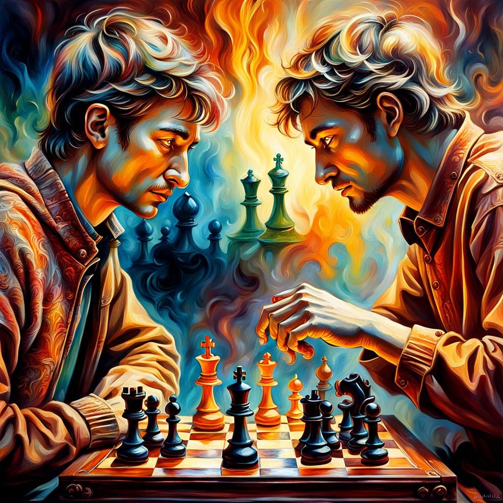 Tense Chess Game in Warm Colors, Oil Painting