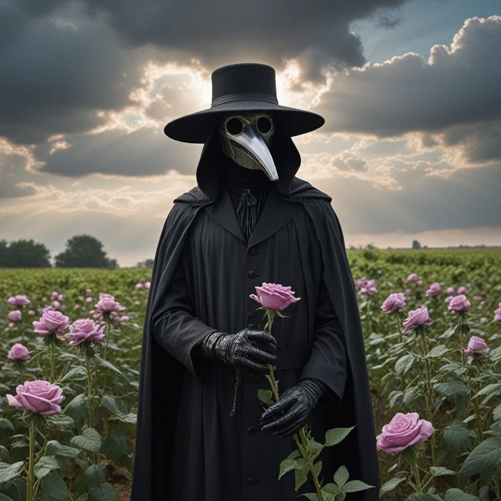 Supreme Plague Doctor in a Field of Black Roses