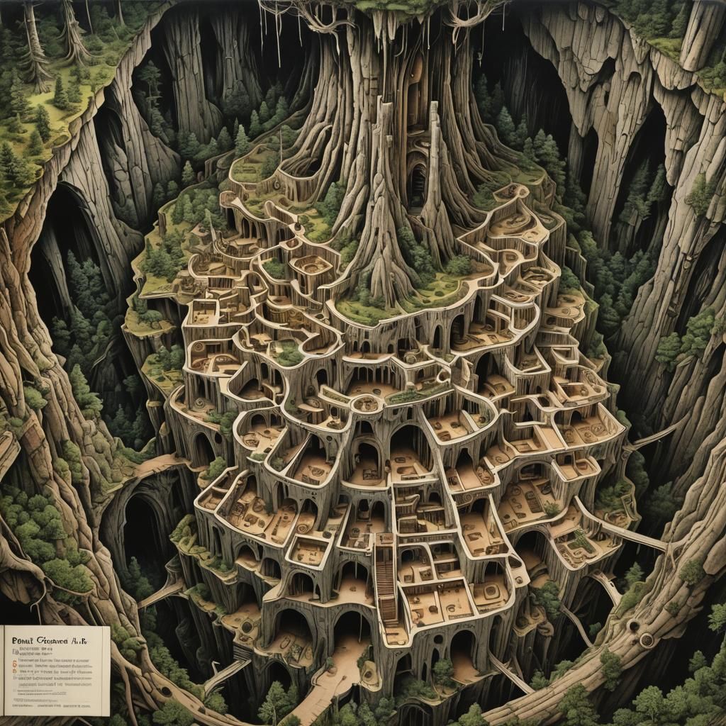 Fantasy Maze Cutaway Diagram with Monsters and Tentacles
