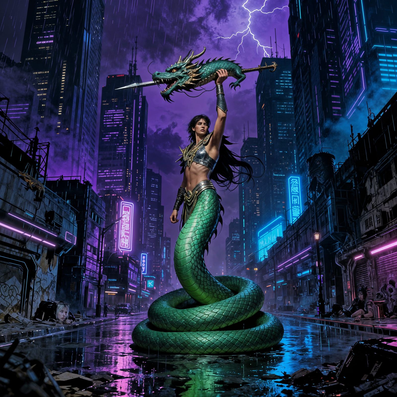 Cyberpunk King Holds Dragon Head on Spike