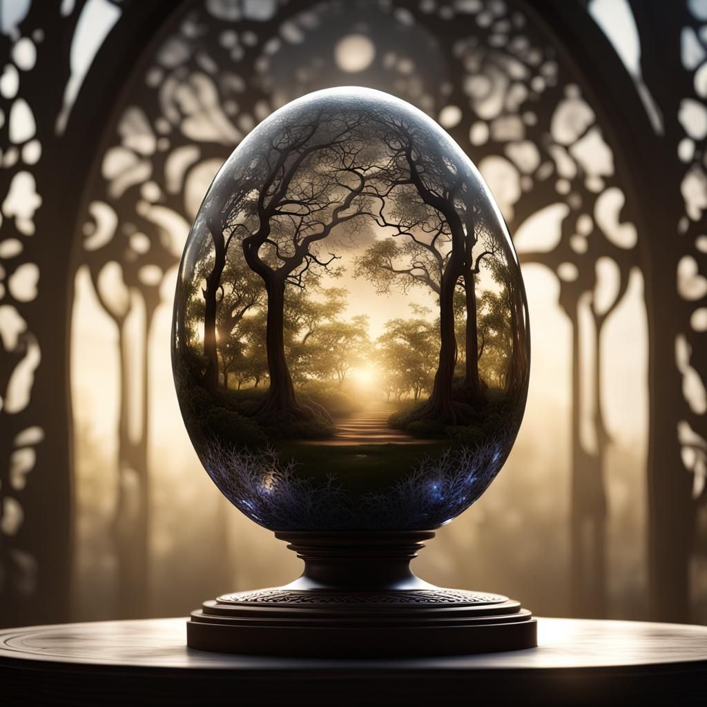 Mystic Garden in Glass Egg: Photorealistic CGI Art