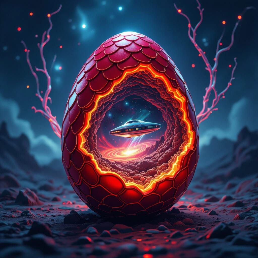 Cosmic Egg with Wormhole and Spaceship Glimpse