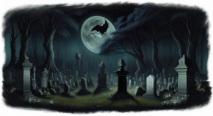 Moonlit Graveyard with Ghosts in Pre-Raphaelite Style