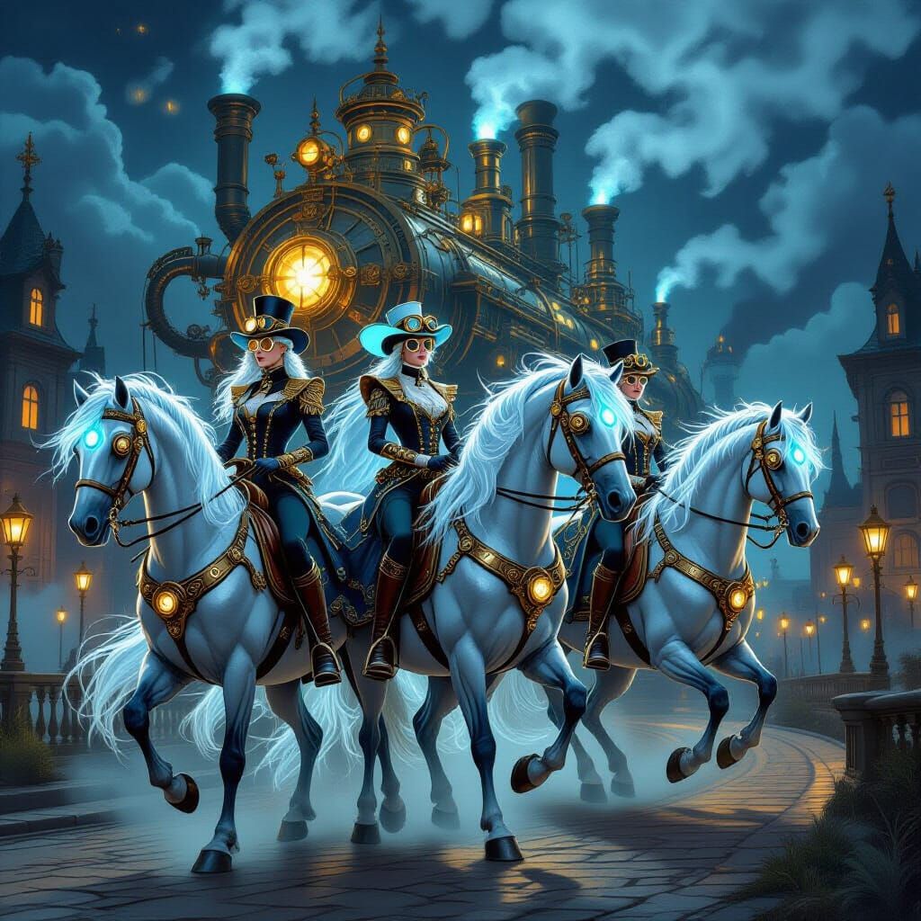 Steampunk Ladies Ride Silver Horses with Blue Manes