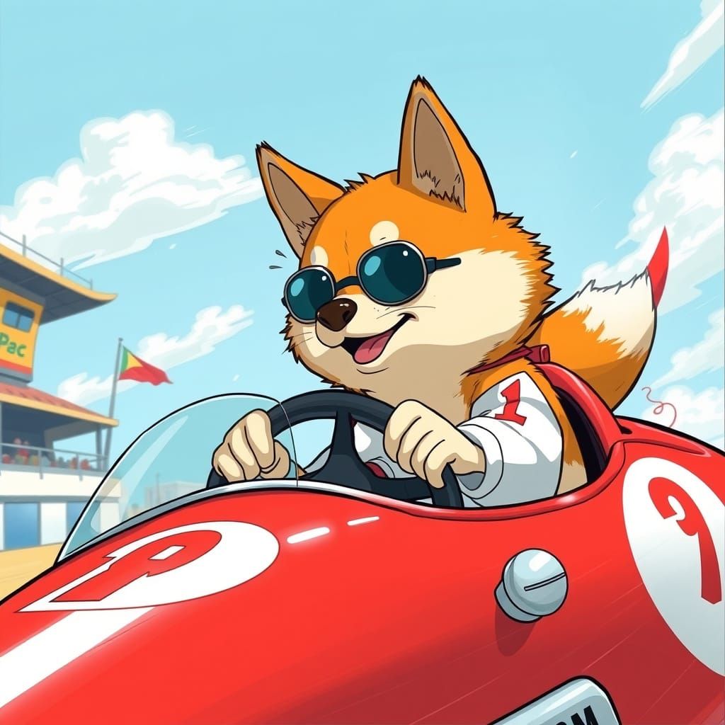 Shiba Inu Race Car in Studio Ghibli Style