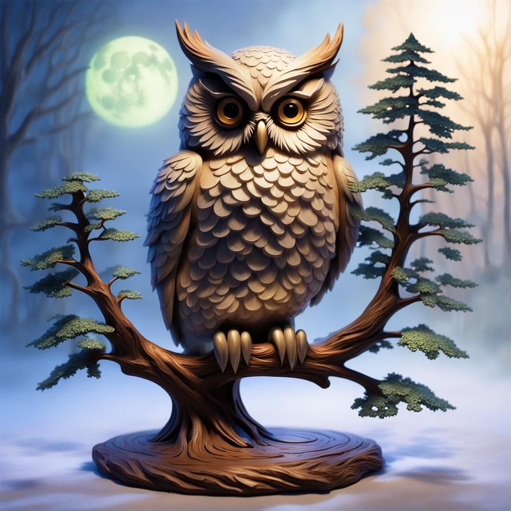 Moonlit Owl Sculpture in Forest, Fantasy Art