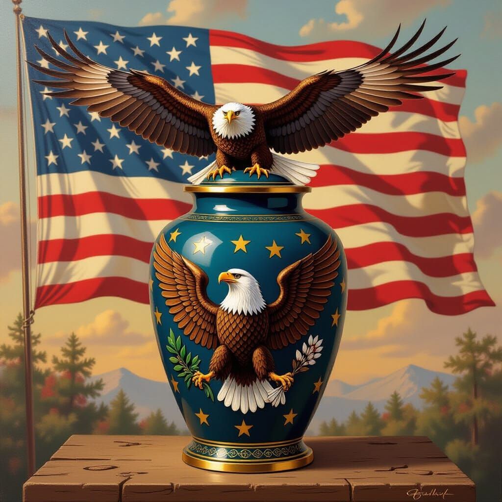 Aluminum Cremation Urn with American Flag and Eagle