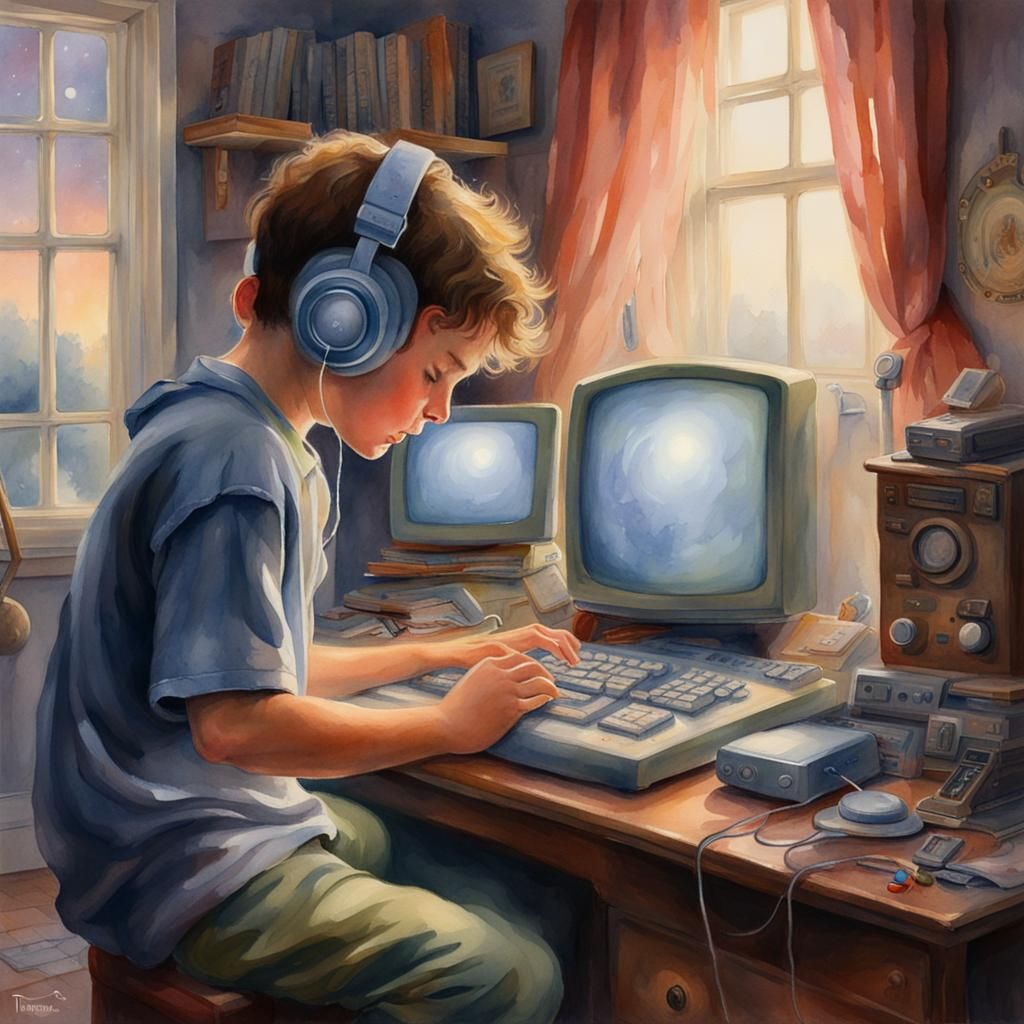 Boy with 90s Computer in Watercolor Style