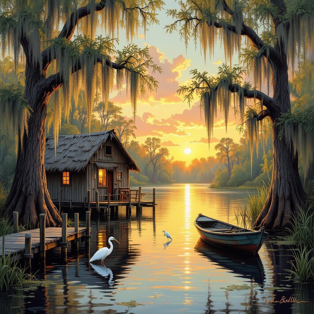 Louisiana Bayou Sunset: An Impasto Painting