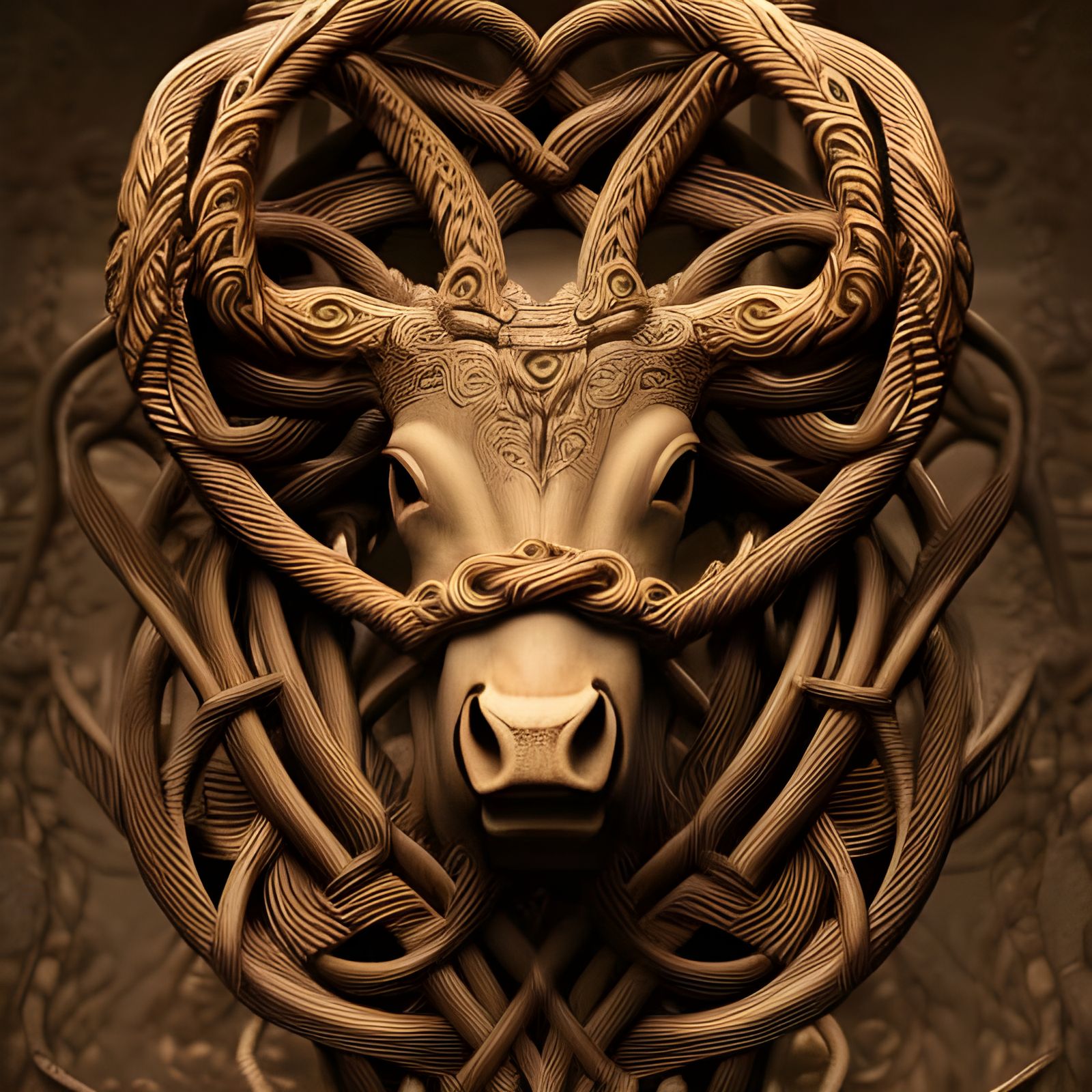 Ornate 3D Wood Carving of an Ox