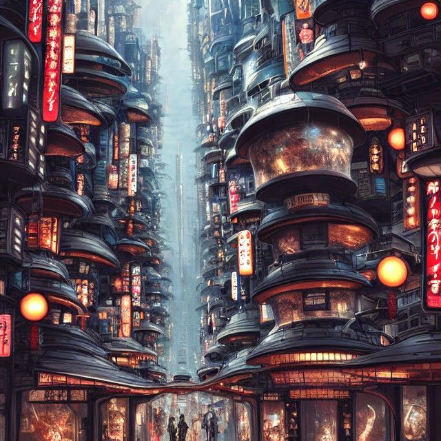 Biomechanical Metropolis Main Street in Cyberpunk Style