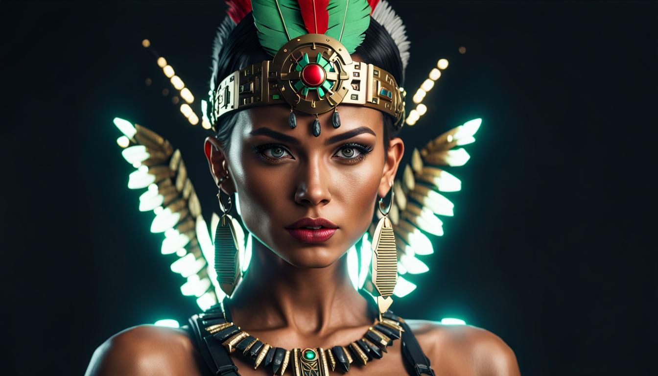 Aztec Warrior Woman in Cyberpunk Power Armor