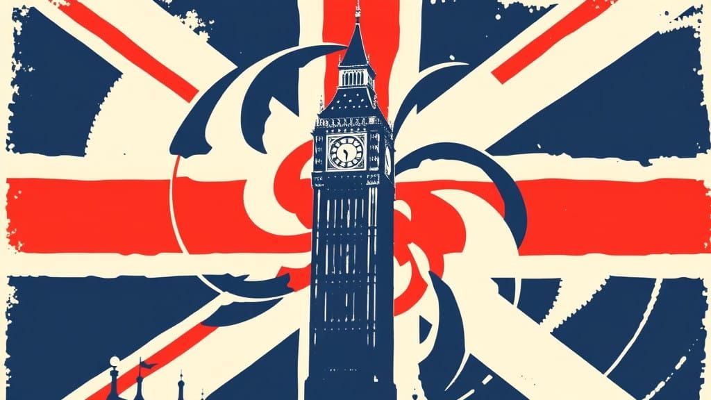 Banksy-Inspired Stencil of Big Ben Under Swirling Union Jack