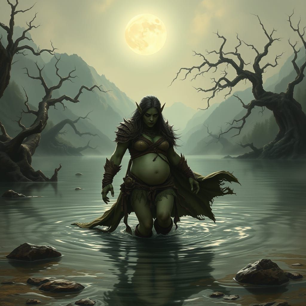 Pregnant Orc Warrior Emerges from Dreamlike Lake