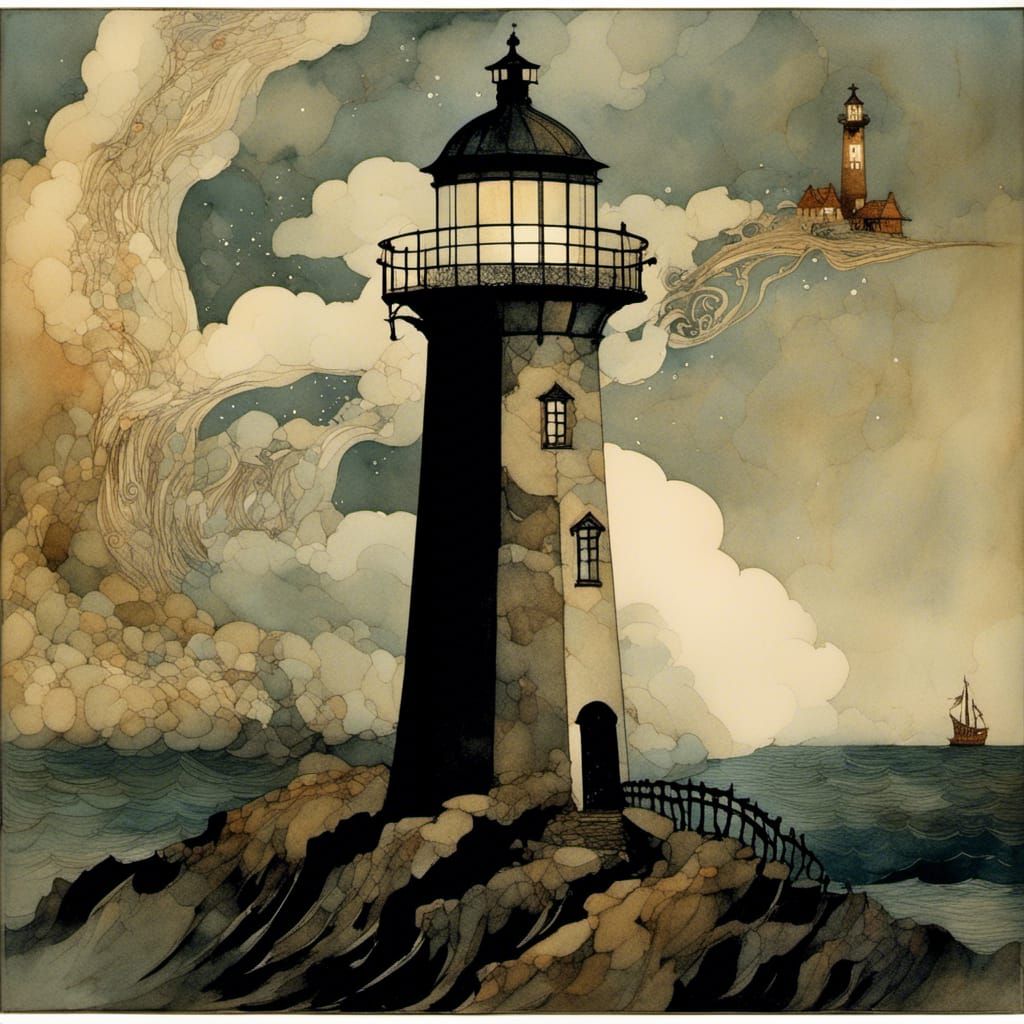 Lighthouse in Foggy Night: Vintage Collage