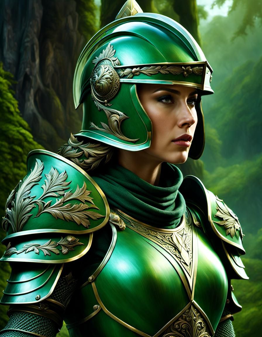 Female Knight in Green Armor Digital Painting
