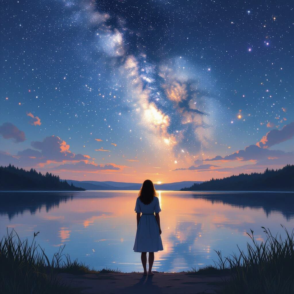 Woman Gazing at Milky Way Reflected in Lake