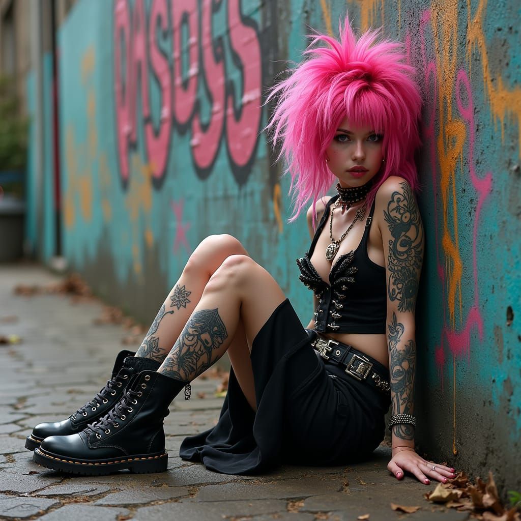 Girl with Pink Punk Hair and Tattoos in Neon Graffiti Backgr...