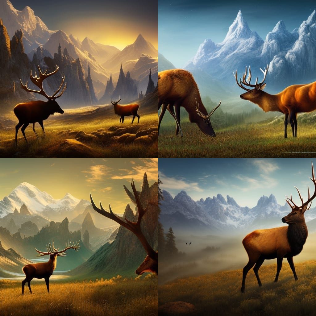 Elk in Mountain Field: Detailed Matte Painting