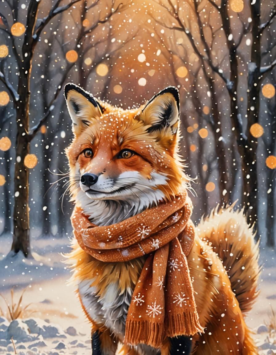 Whimsical Fox in Winter Wonderland Watercolor