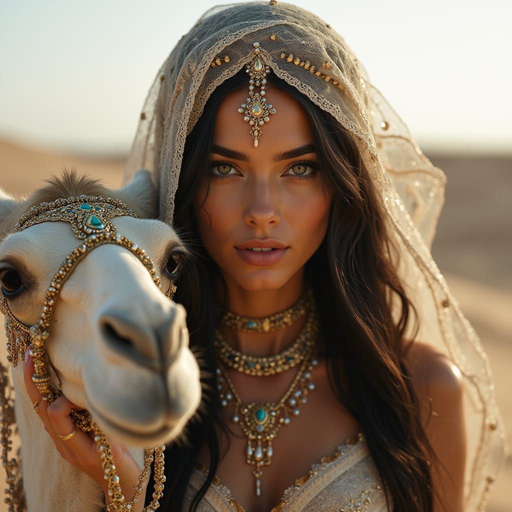 Arabian Princess with Jeweled Shawl in Desert