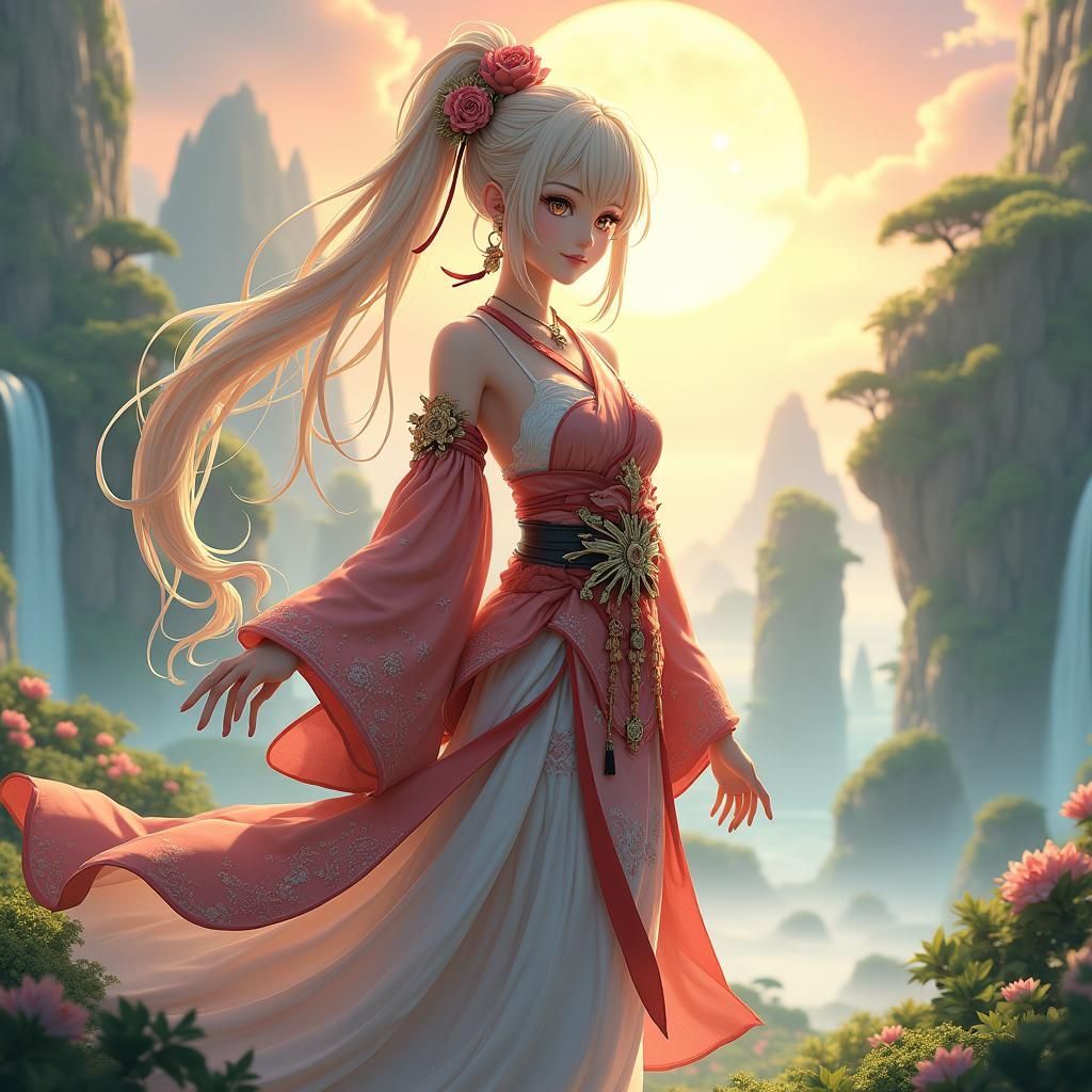 Majestic Genshin Character in Lush Landscape