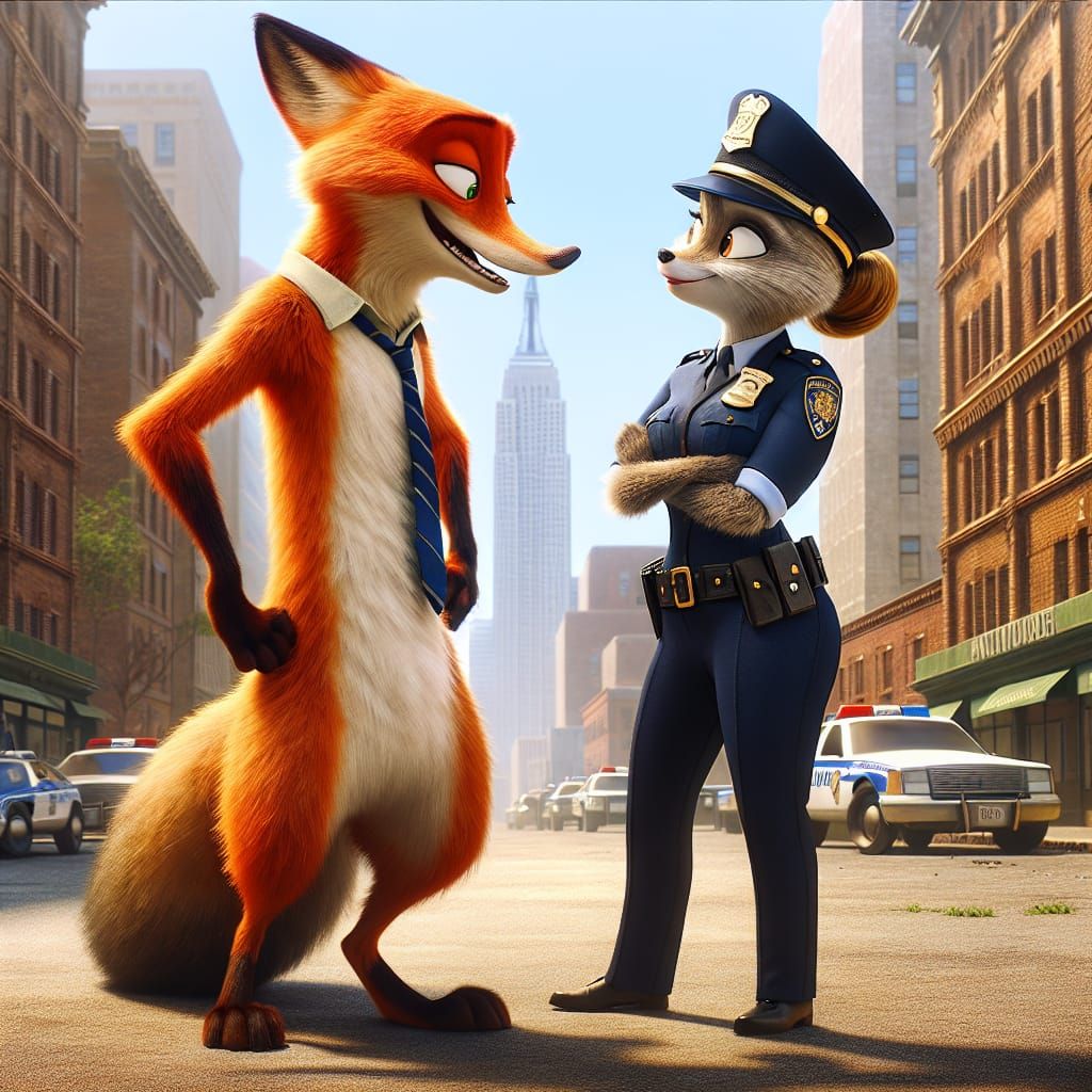 Anthropomorphic Fox and Petite Policewoman in Animated Style