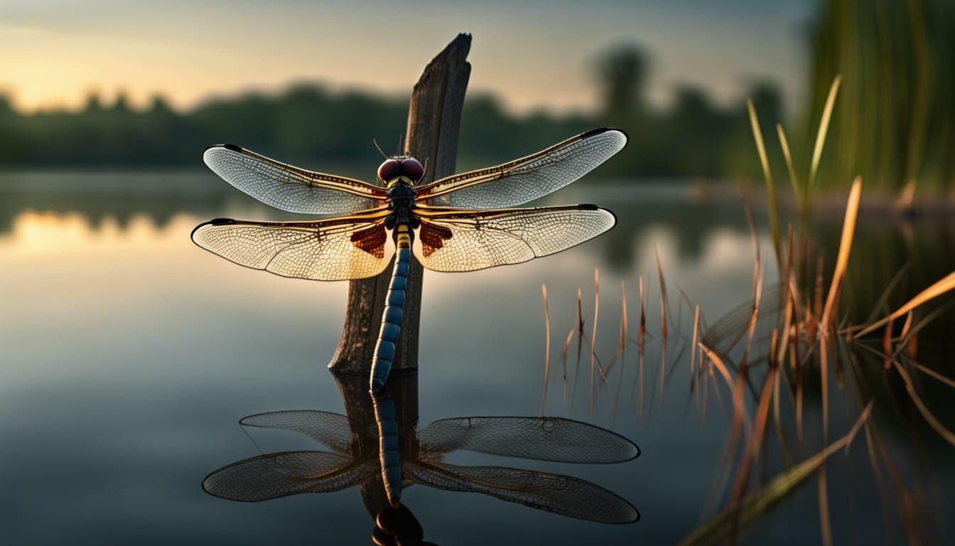 Dragonfly Over Lake at Dawn: Hyperrealistic Close-Up