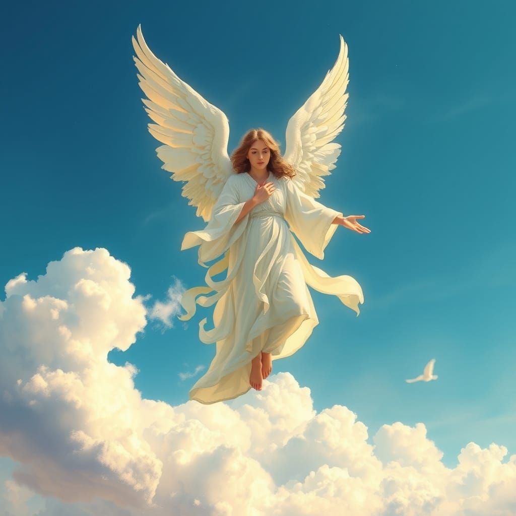 Angel Soaring in Blue Sky: Digital Art