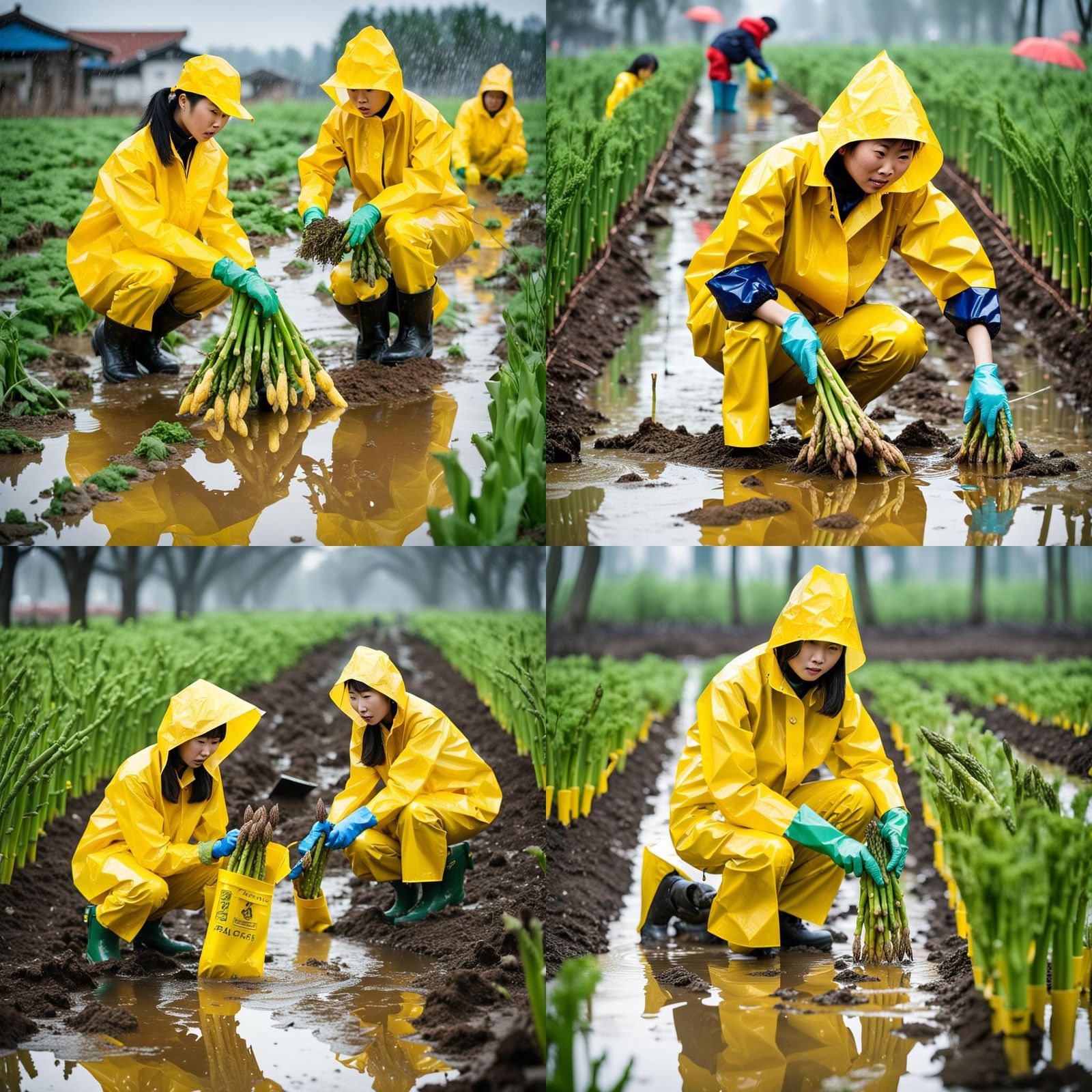 Women Harvesting Asparagus in Yellow Rain Gear