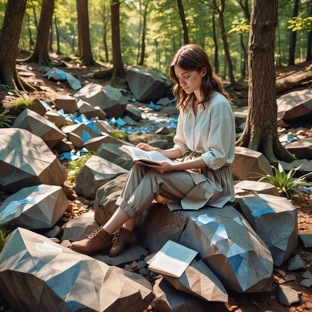 Girl Reading Book in Nature with Origami Art