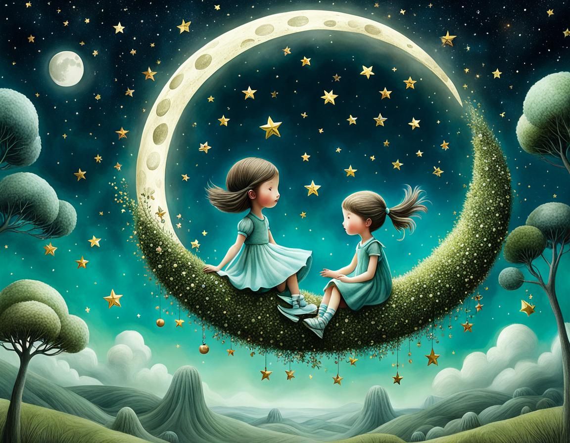 Magical Moon Journey Illustration in Cubist Style