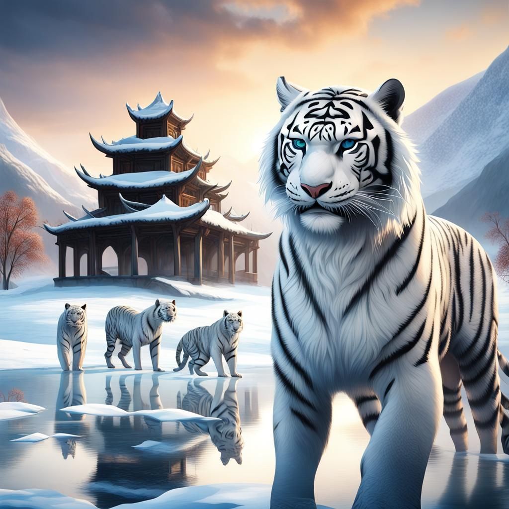 White Tigers Guarding a Ninja Ice Palace