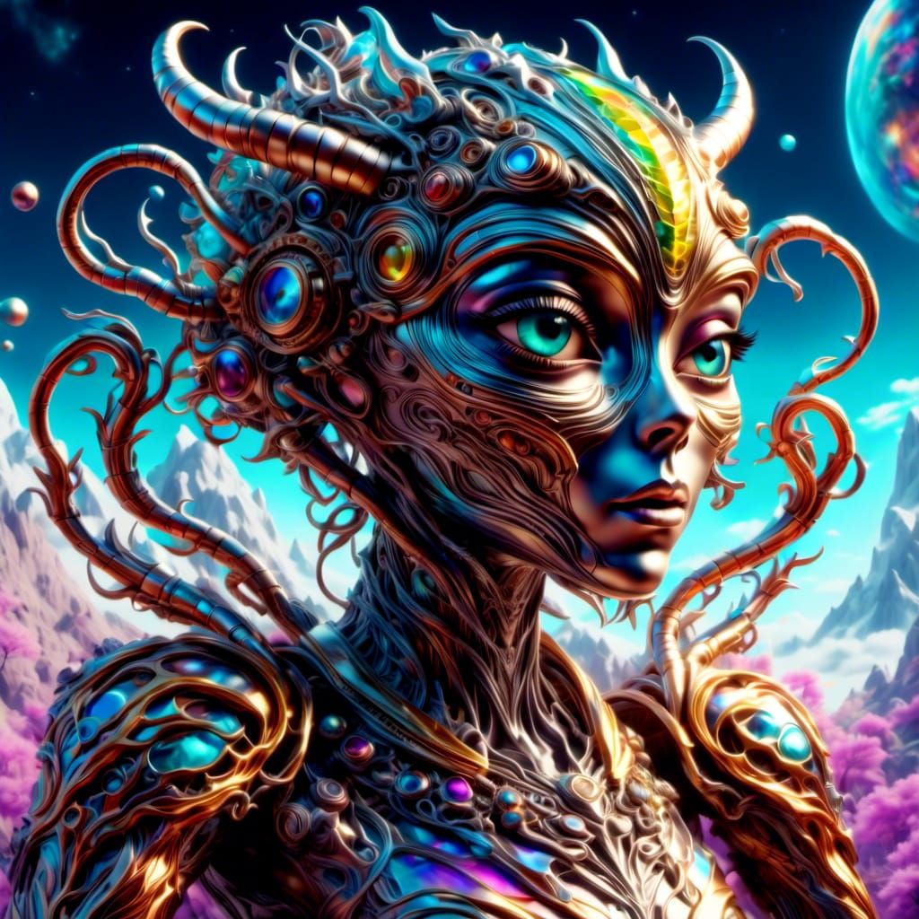 Shape-Shifting Alien Robot in Psychedelic Steampunk Style