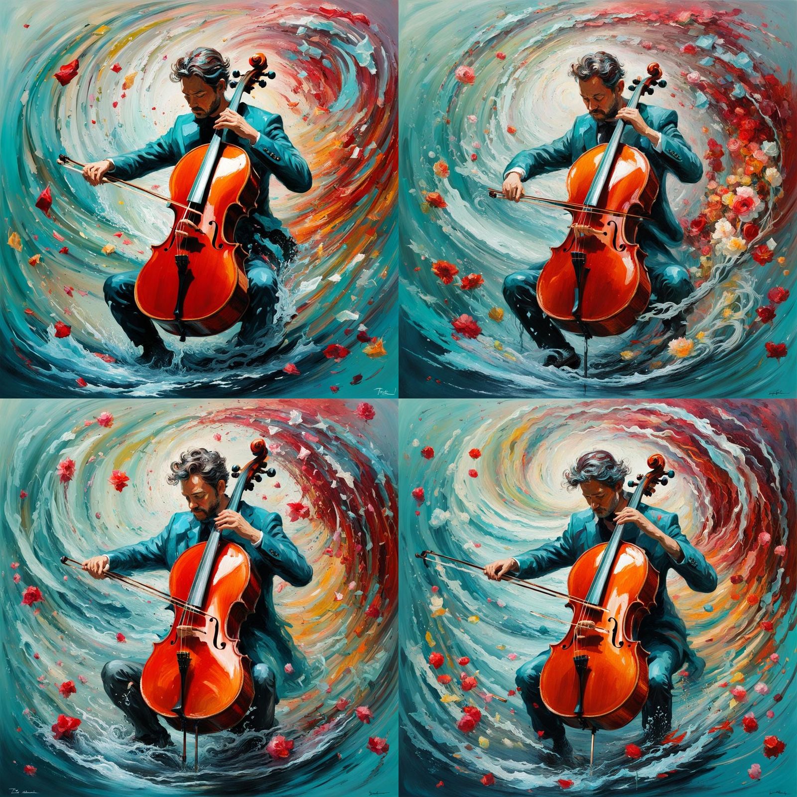 Cello Player in Water, Rococo Pastel Art