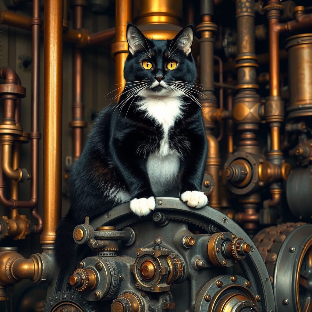 Steampunk Cat on Mechanical Throne in Syd Mead Style