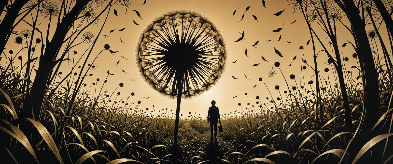 Dandelion Dream: Silhouette in Sepia-Toned Vintage Photo